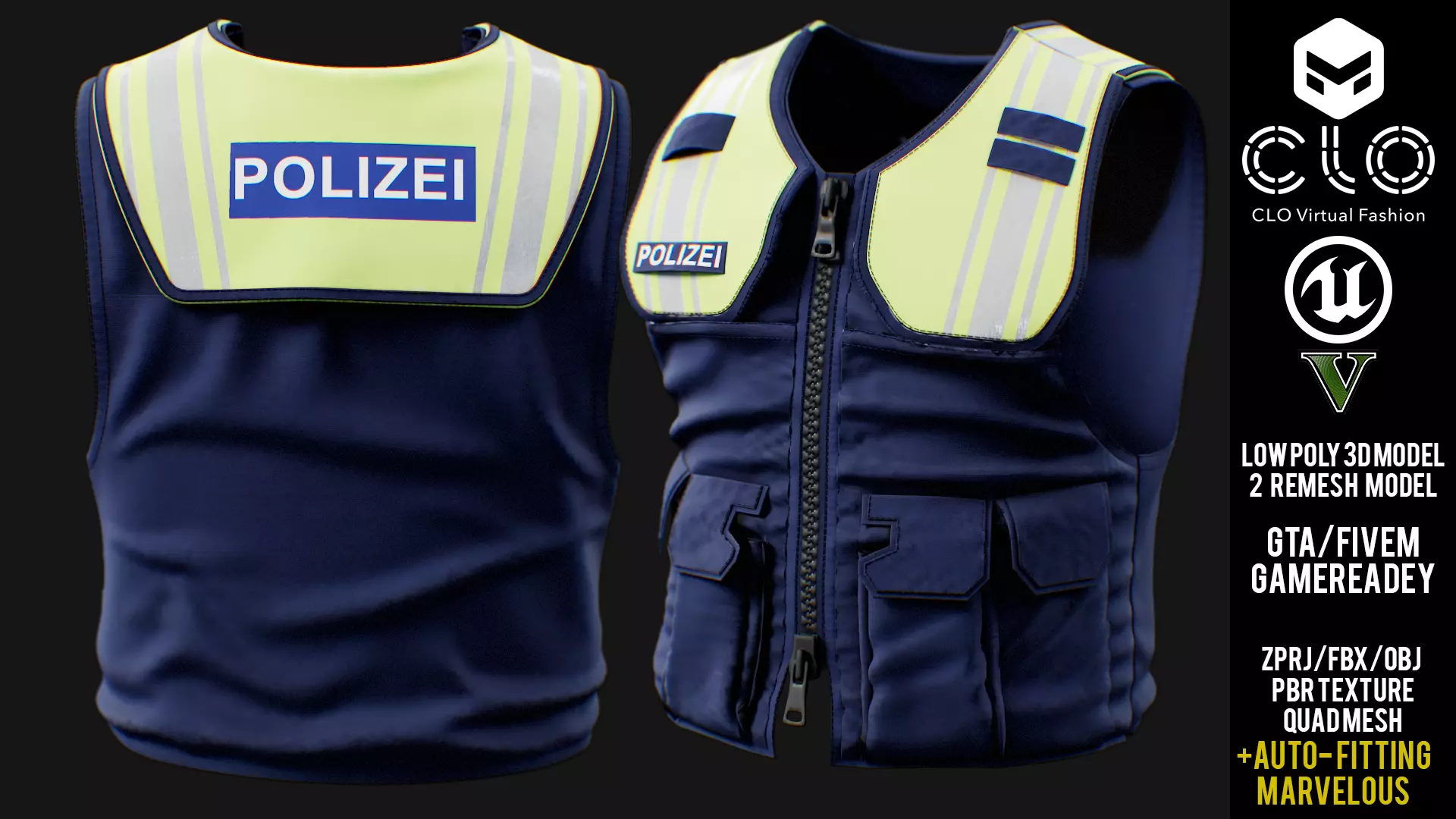 Bavarian Police HighVis Recognition Vest GTA FiveM - CGTrader 3D model preview by Cloth4Game