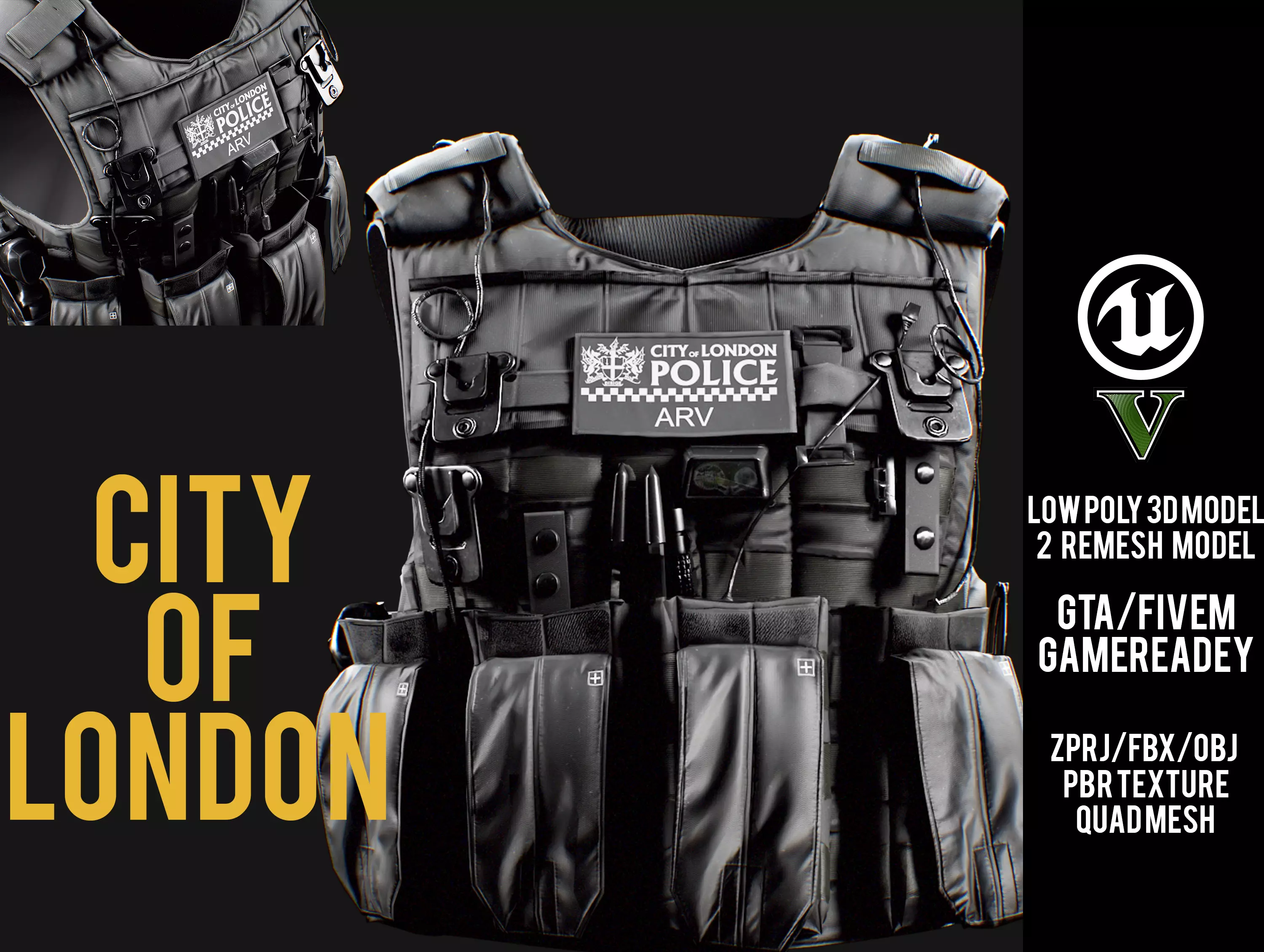 City of London Police ARV Style Vest for GTA FIVEM Game - CGTrader 3D model preview by Cloth4Game