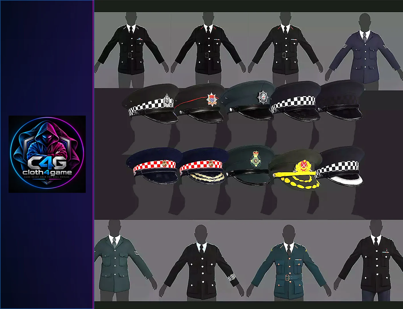 Formal Uniform Collection Police Fire Brigade Ambulance Uniforms - 3D model render by Cloth4Game