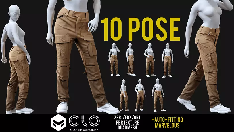 High-Quality female GEN2 Tactical Pants 10 pose type - CGTrader 3D model preview by Cloth4Game