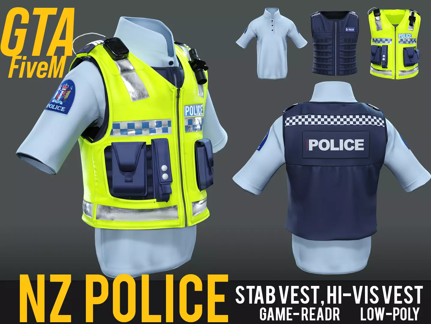 NZ Police Uniform Stab Vest Hi-Vis Vest Microphone GTA fivem - CGTrader 3D model preview by Cloth4Game