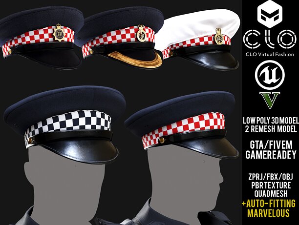 Police Flat Cap 3D Model for GTA FIVEM UE and Accessories - CGTrader 3D model preview by Cloth4Game