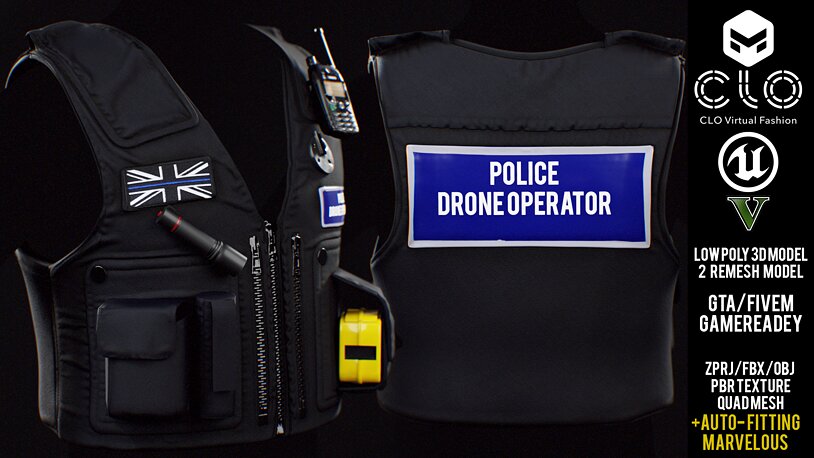 UK Drone Mounted Ballistic Vest for GTA FiveM - CGTrader 3D model preview by Cloth4Game